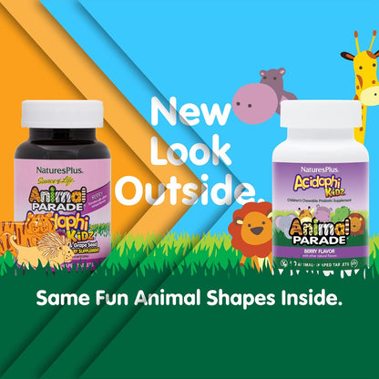 NaturesPlus Animal Parade AcidophiKidz - Berry Flavour - 90 Chewable Tablets - Children's Probiotic with FOS & Grape Seed