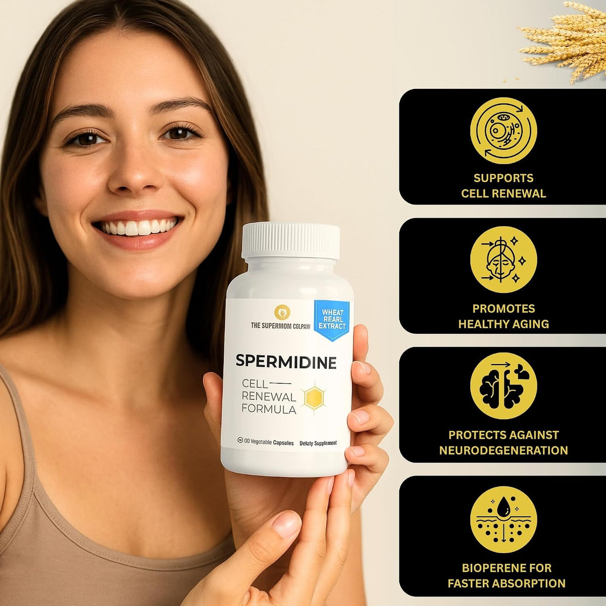 Spermidine Supplement – 60 Vegetable Capsules – Wheat Germ Extract with 1000 mg Spermidine, Enhanced with BioPerine – Image 3