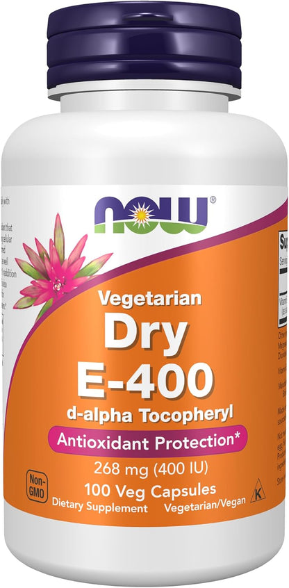 NOW Foods Vitamin E-400 IU D-Alpha Tocopheryl, Dry, Antioxidant Protection, 100 Veg Capsules