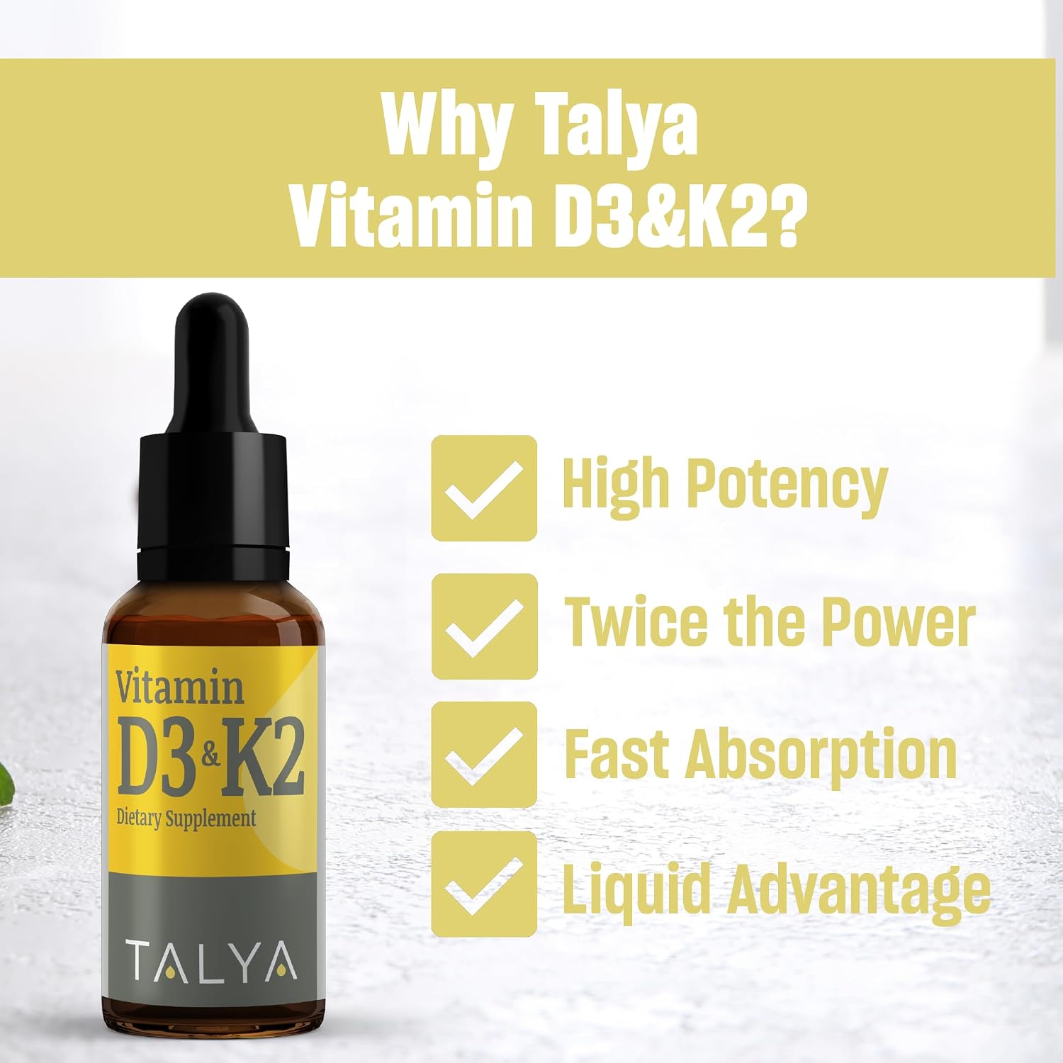 TALYA Vitamin D3 & K2 Liquid Drops, 1000 IU D3 with K2, Non-GM, Vegan, 60 Servings - görsel 6