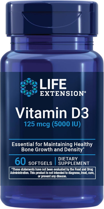Life Extension Vitamin D3 125 mcg (5000 IU) - Bone Health & Immune Support - 60 Softgels
