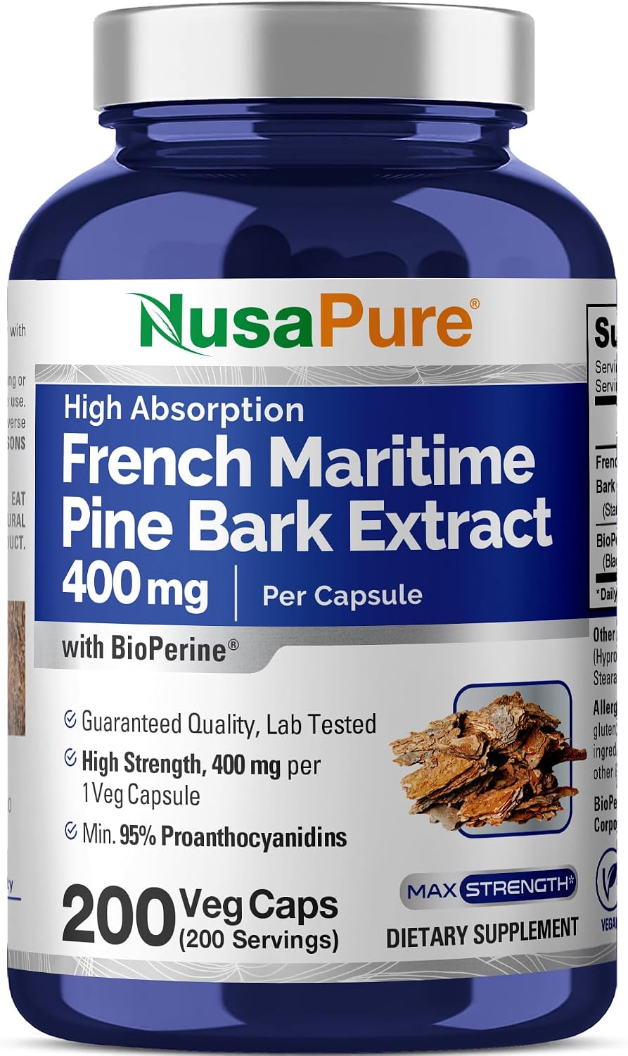NusaPure French Maritime Pine Bark Extract 400mg - 200 Veggie Capsules with Bioperine, Non-GM, Vegan - görsel 1