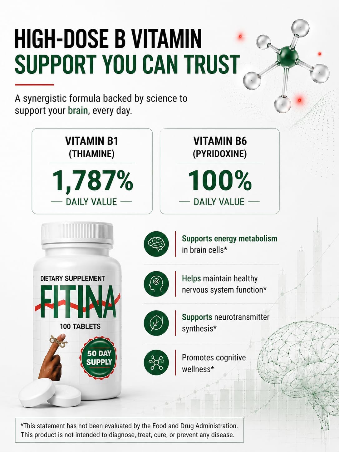 Fitina Brain Supplement – High-Dose B Vitamins for Memory and Focus, 100 Tablets (50 Servings) - görsel 6
