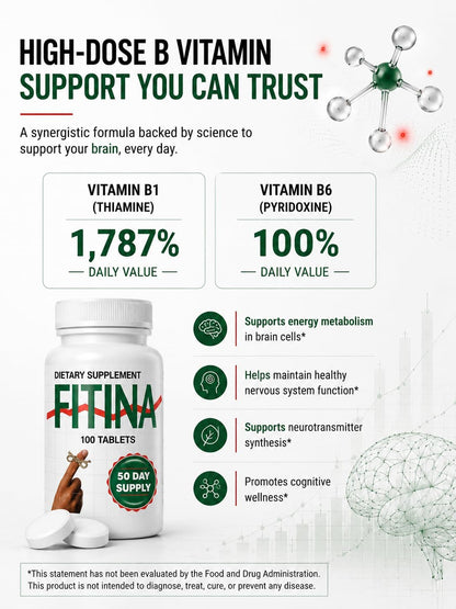 Fitina Brain Supplement – High-Dose B Vitamins for Memory and Focus, 100 Tablets (50 Servings)