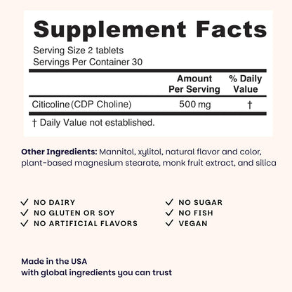 EZ Melts Citicoline - Brain Health & Memory Support Supplement - Strawberry Burst - 60 Dissolvable Tablets