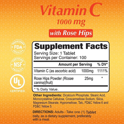 ALFA VITAMINS Vitamin C with Rose Hips – 1000 mg per Tablet – Immune and Antioxidant Support – 100 Tablets