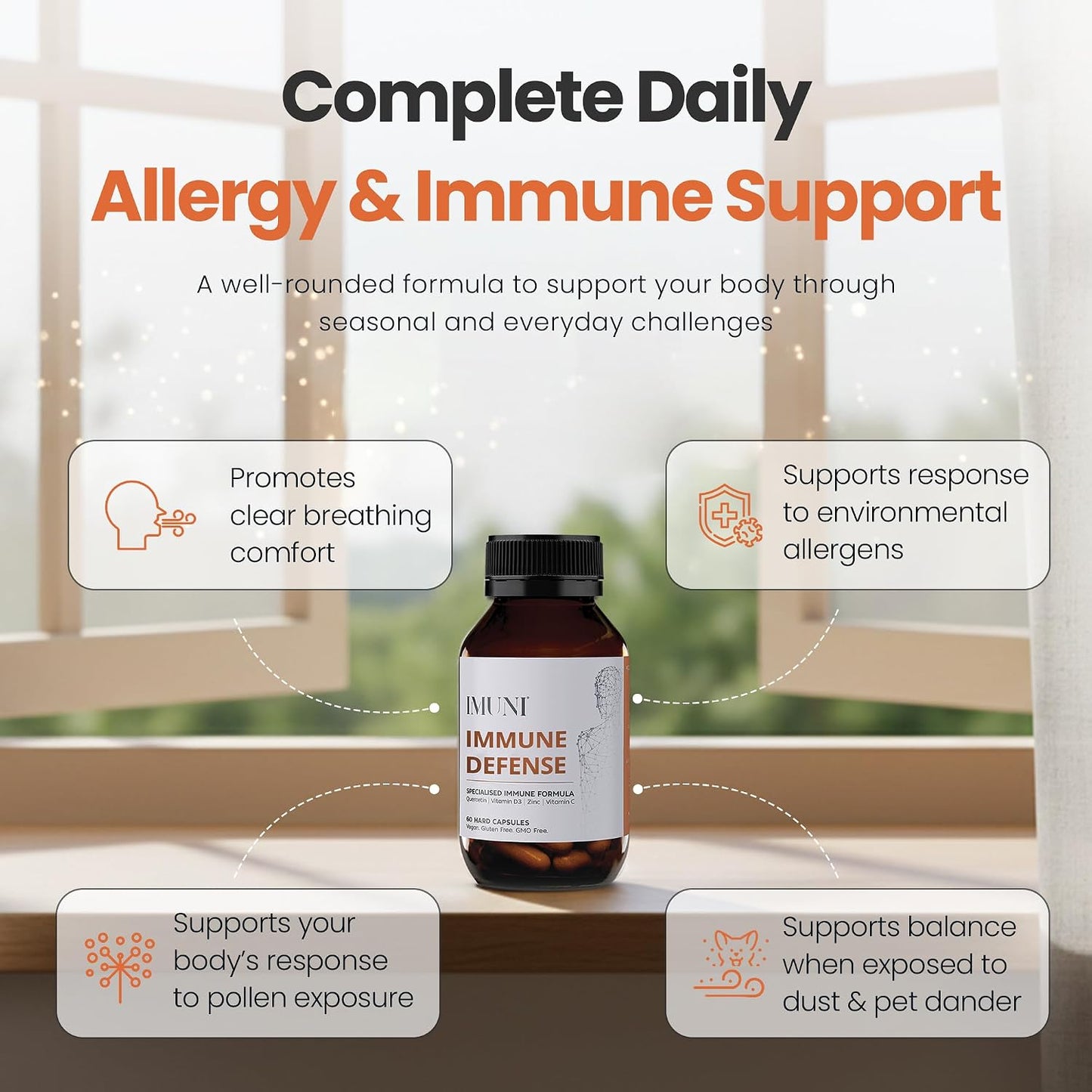 IMUNI Allergy Support & Immune Defence – Quercetin Supplement with Vitamin C, Zinc & D3 | Seasonal Wellness Support | 60 Vegan Capsules - görsel 7