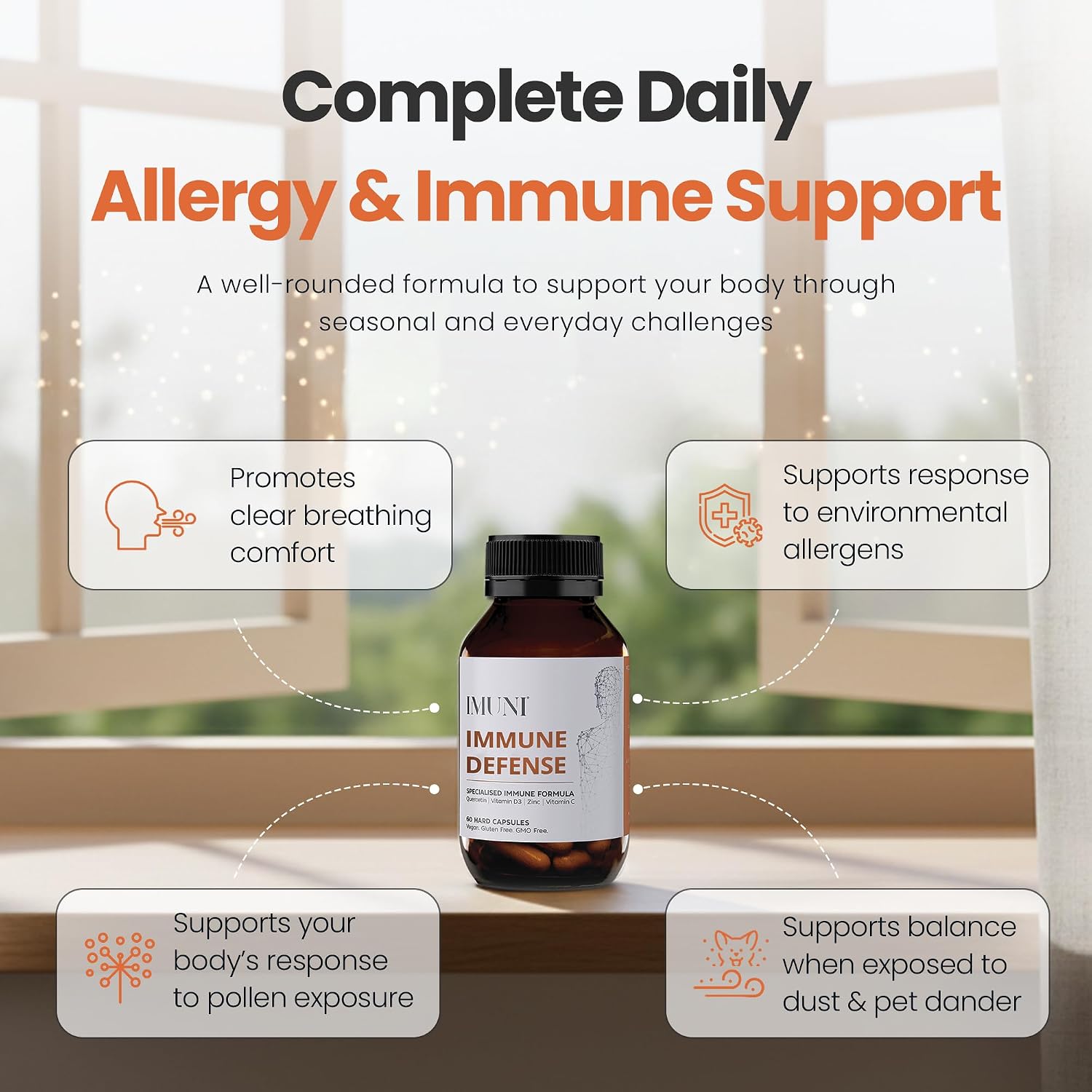 IMUNI Allergy Support & Immune Defence – Quercetin Supplement with Vitamin C, Zinc & D3 | Seasonal Wellness Support | 60 Vegan Capsules - görsel 7