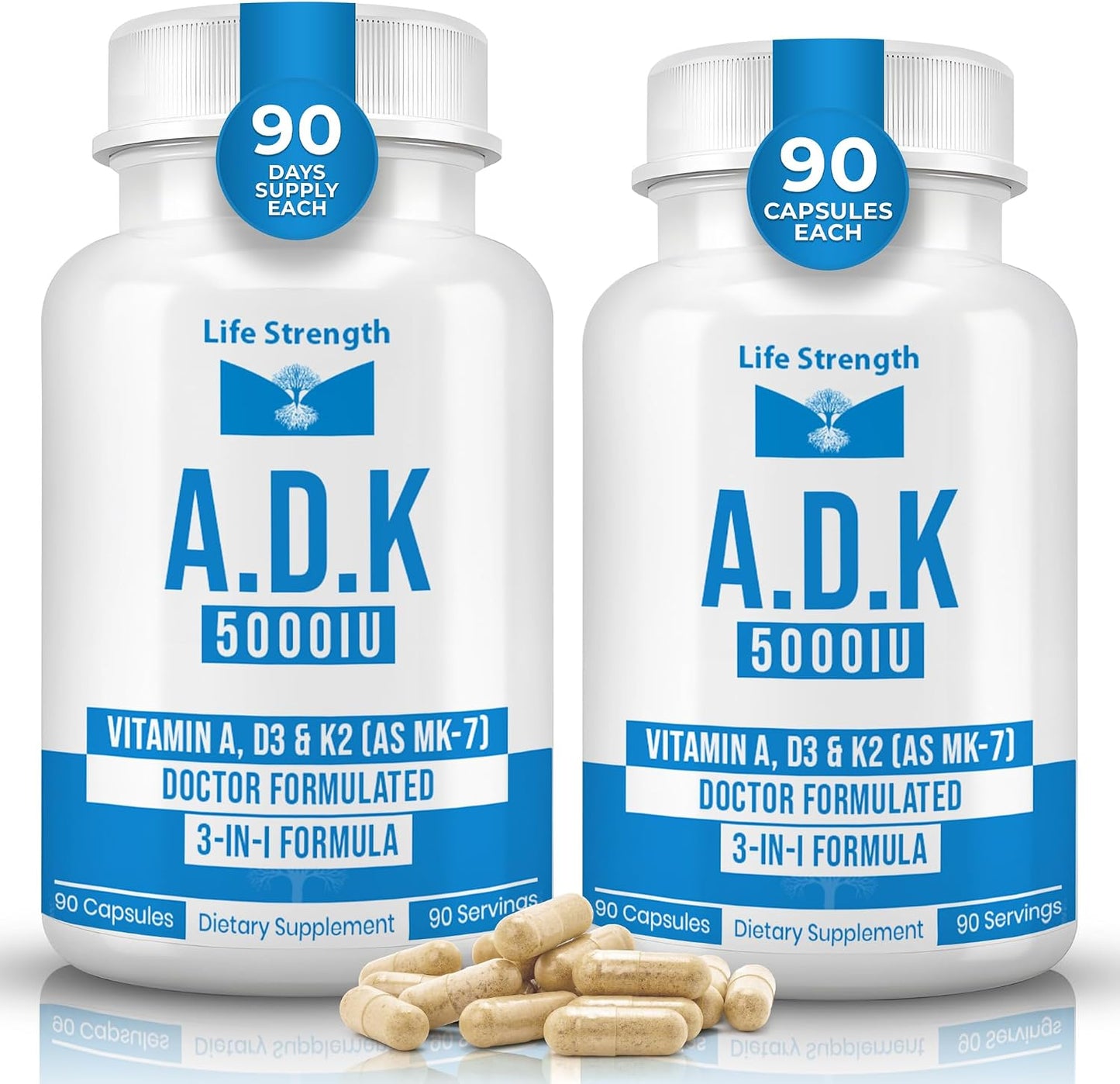 LifeStrength ADK Food Supplement - Vitamins A1, D3 & K2 (MK-7) - Bone Health & Immune Support - 2-Pack (180 Capsules) - görsel 1