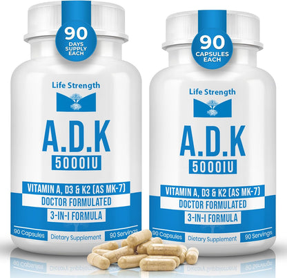 LifeStrength ADK Food Supplement - Vitamins A1, D3 & K2 (MK-7) - Bone Health & Immune Support - 2-Pack (180 Capsules)