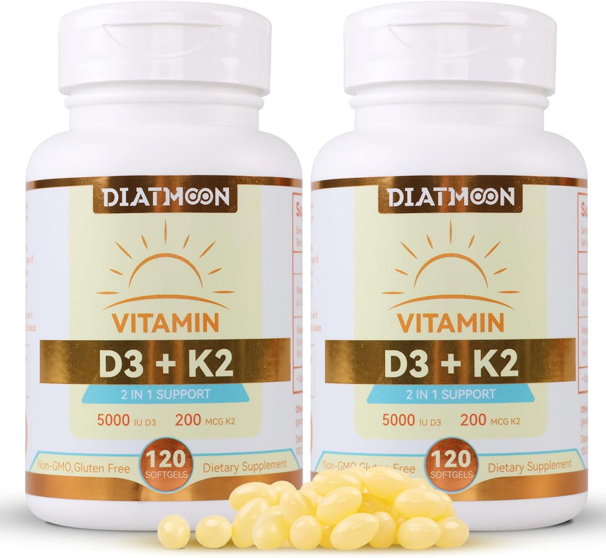 DIATMOON Vitamin D3 K2 Supplement Soft gel capsules – 5000 IU D3 & 200 mcg K2 MK-7, Bone and Teeth Support, 120 Count - görsel 9