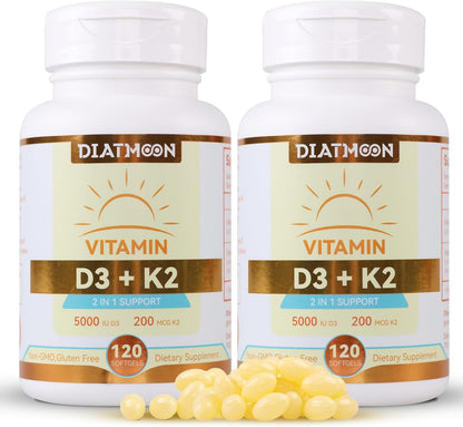 DIATMOON Vitamin D3 K2 Supplement Soft gel capsules – 5000 IU D3 & 200 mcg K2 MK-7, Bone and Teeth Support, 120 Count