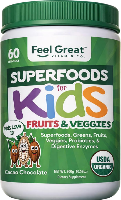 Feel Great USDA Organic Super Greens Powder for Kids – Cocoa Chocolate | Fruit and Vegetable Supplement with Probiotics & Digestive Enzymes