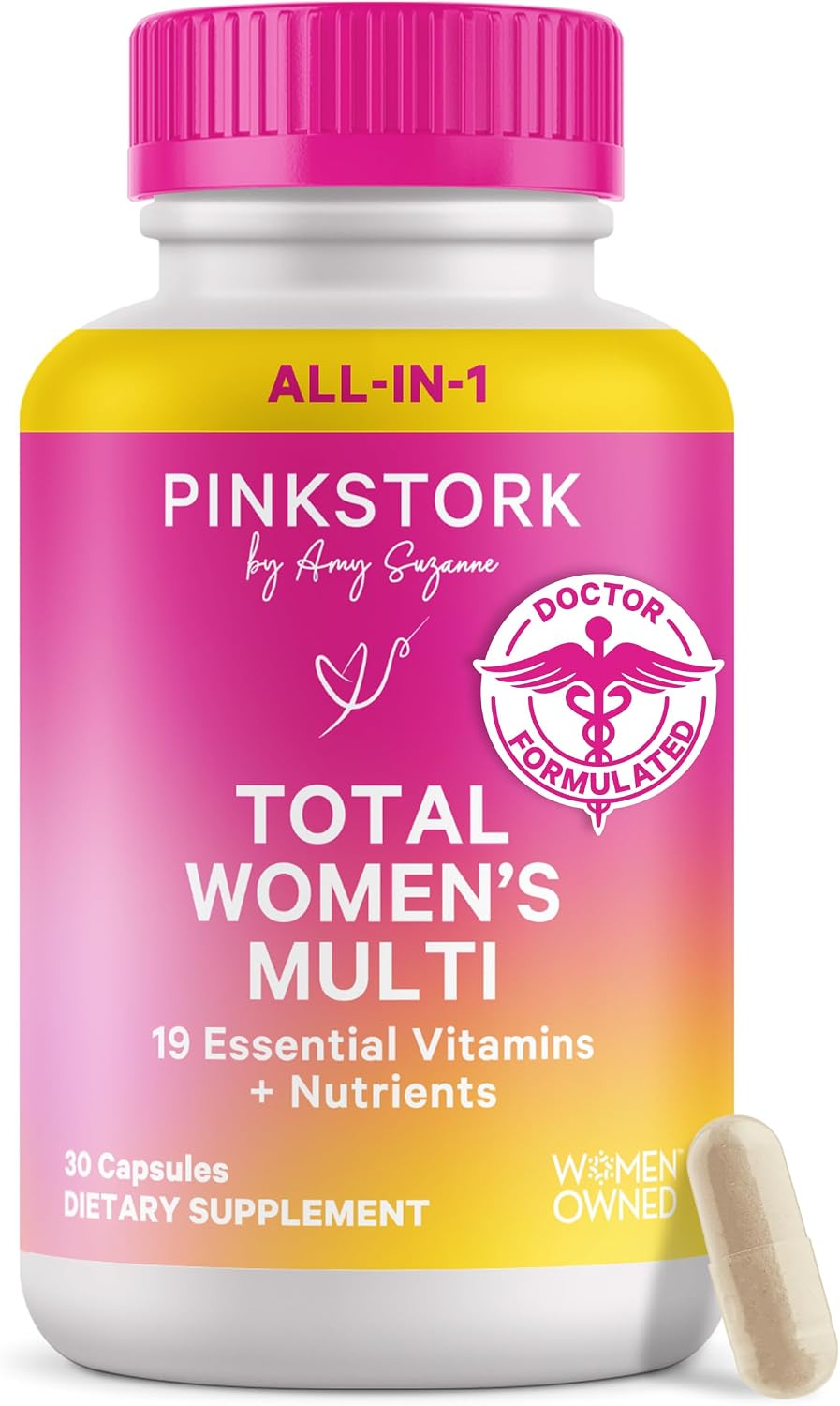 Pink Stork Total Women's Multivitamin – 19 Essential Vitamins & Minerals for Energy, Metabolism, Hormone, Immune & Mood Support (30 Capsules) - görsel 1