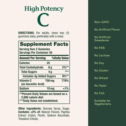 Nature's Bounty Vitamin C Gummies 700mg - High Potency Immune Support Supplement, Orange Flavour, 60 Count