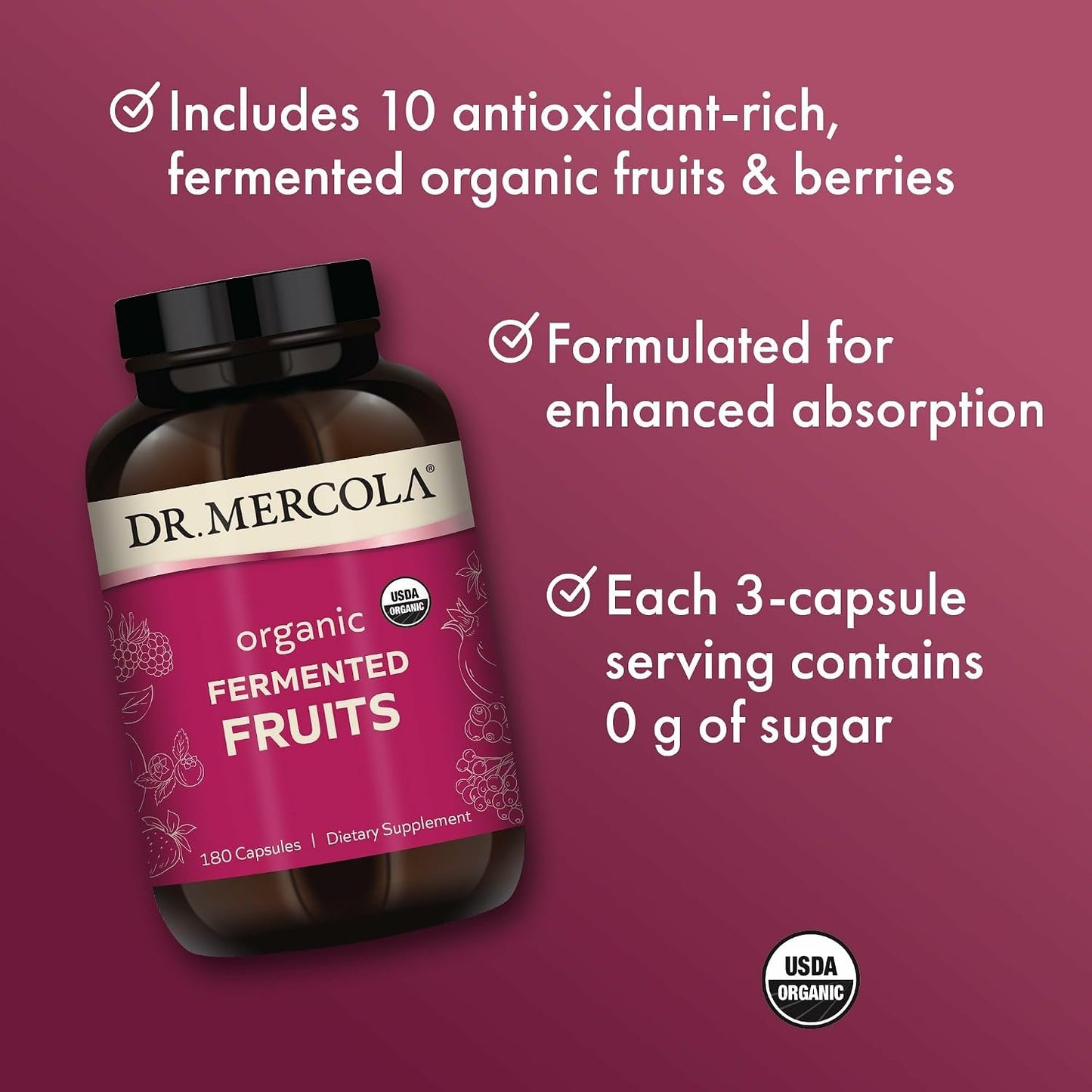 Dr. Mercola Organic Fermented Fruits – Antioxidant Support – Whole Food Berry & Fruit Blend – Zero Sugar – Non-GMO – Gluten-Free – 180 Capsules - görsel 4