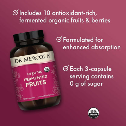 Dr. Mercola Organic Fermented Fruits – Antioxidant Support – Whole Food Berry & Fruit Blend – Zero Sugar – Non-GMO – Gluten-Free – 180 Capsules