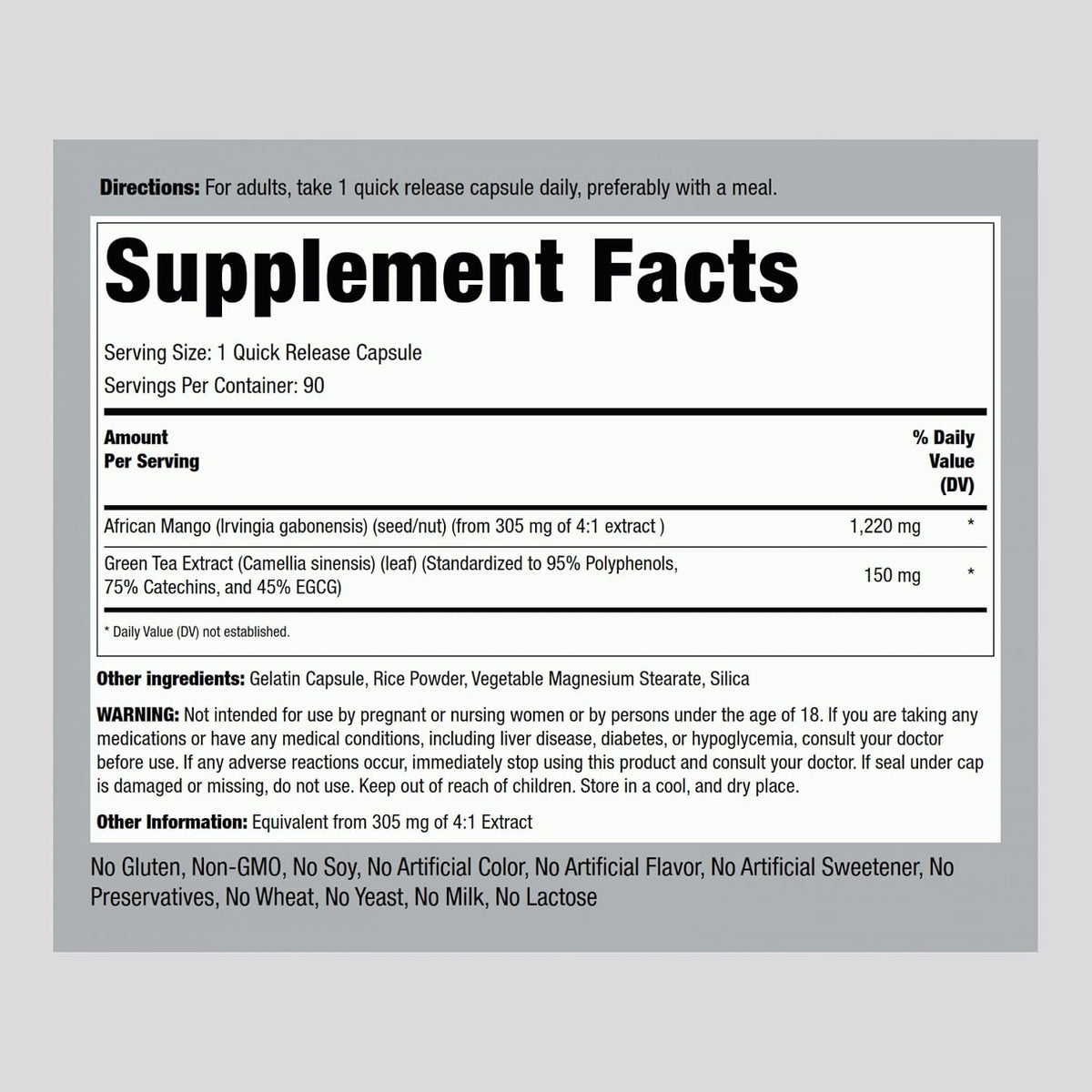 Piping Rock African Mango Seed Extract with Green Tea, 90 Capsules - görsel 2