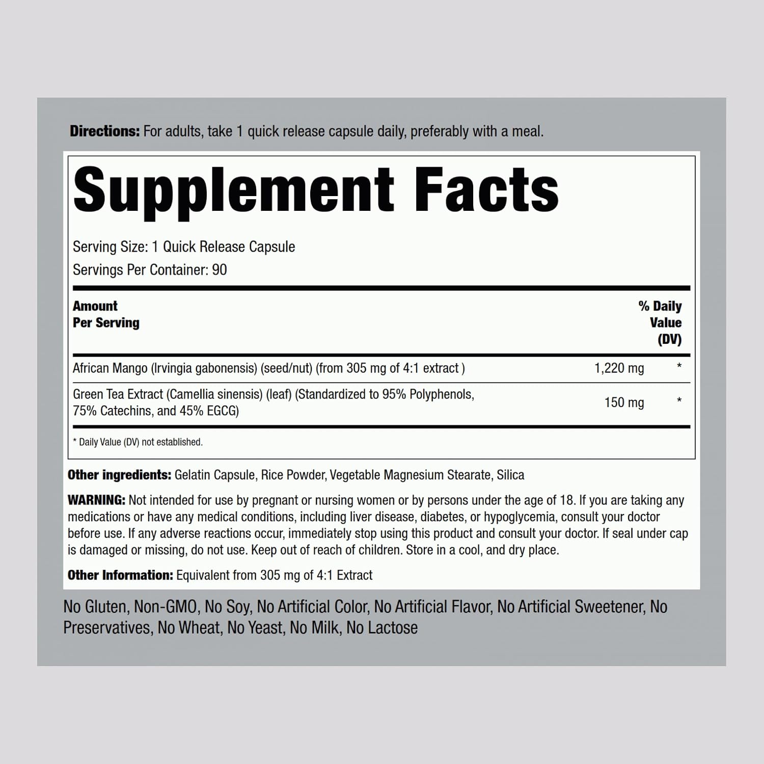 Piping Rock African Mango Seed Extract with Green Tea, 90 Capsules - görsel 2