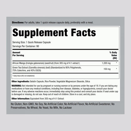 Piping Rock African Mango Seed Extract with Green Tea, 90 Capsules