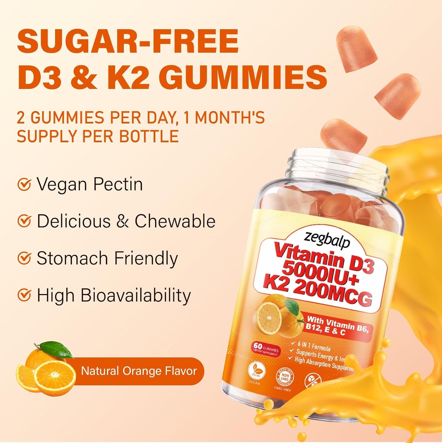ZEGBALP Vitamin D3 & K2 Gummies - 5000 IU D3 + 200 mcg MK-7 - Sugar-free, Vegan, with B Complex, C & E - görsel 7