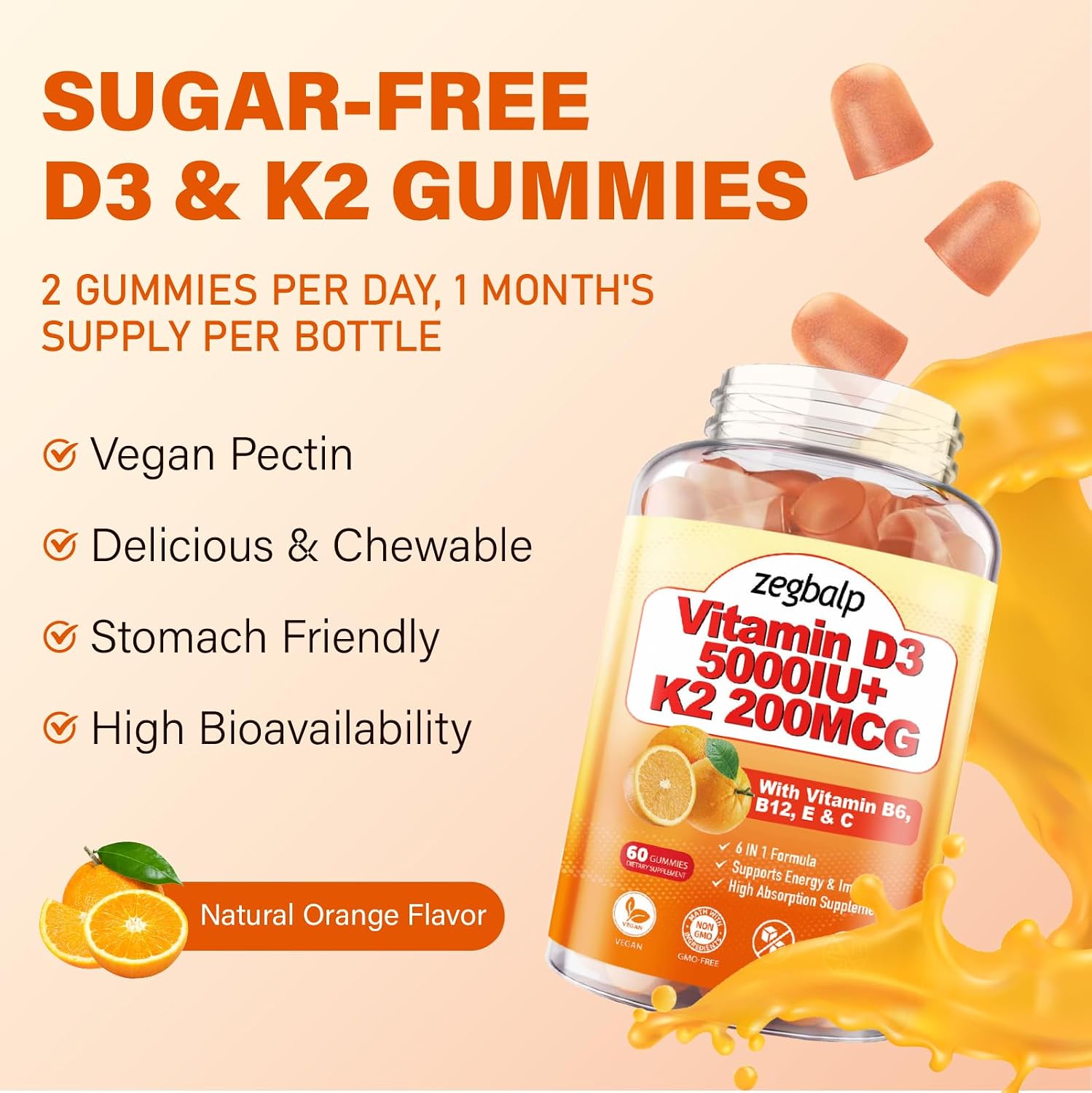 ZEGBALP Vitamin D3 & K2 Gummies - 5000 IU D3 + 200 mcg MK-7 - Sugar-free, Vegan, with B Complex, C & E - görsel 7
