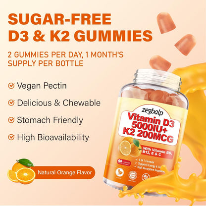 ZEGBALP Vitamin D3 & K2 Gummies - 5000 IU D3 + 200 mcg MK-7 - Sugar-free, Vegan, with B Complex, C & E