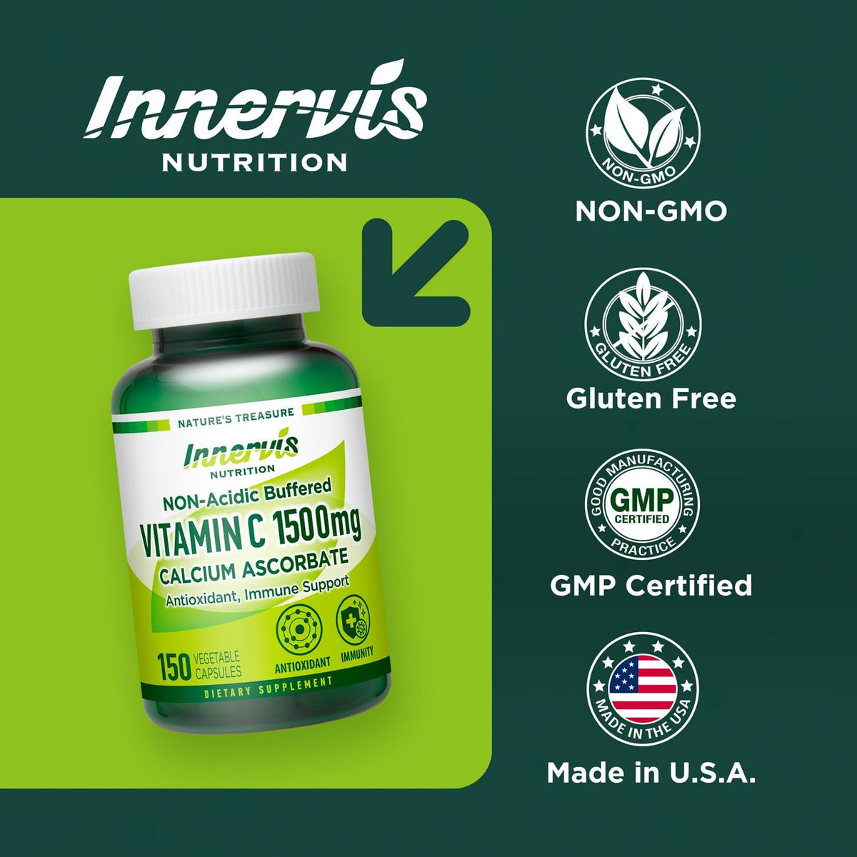Buffered Vitamin C 1500mg – Non-Acidic Calcium Ascorbate Capsules for Immune Health – 150 Veggie Capsules by Innervis Nutrition - görsel 6