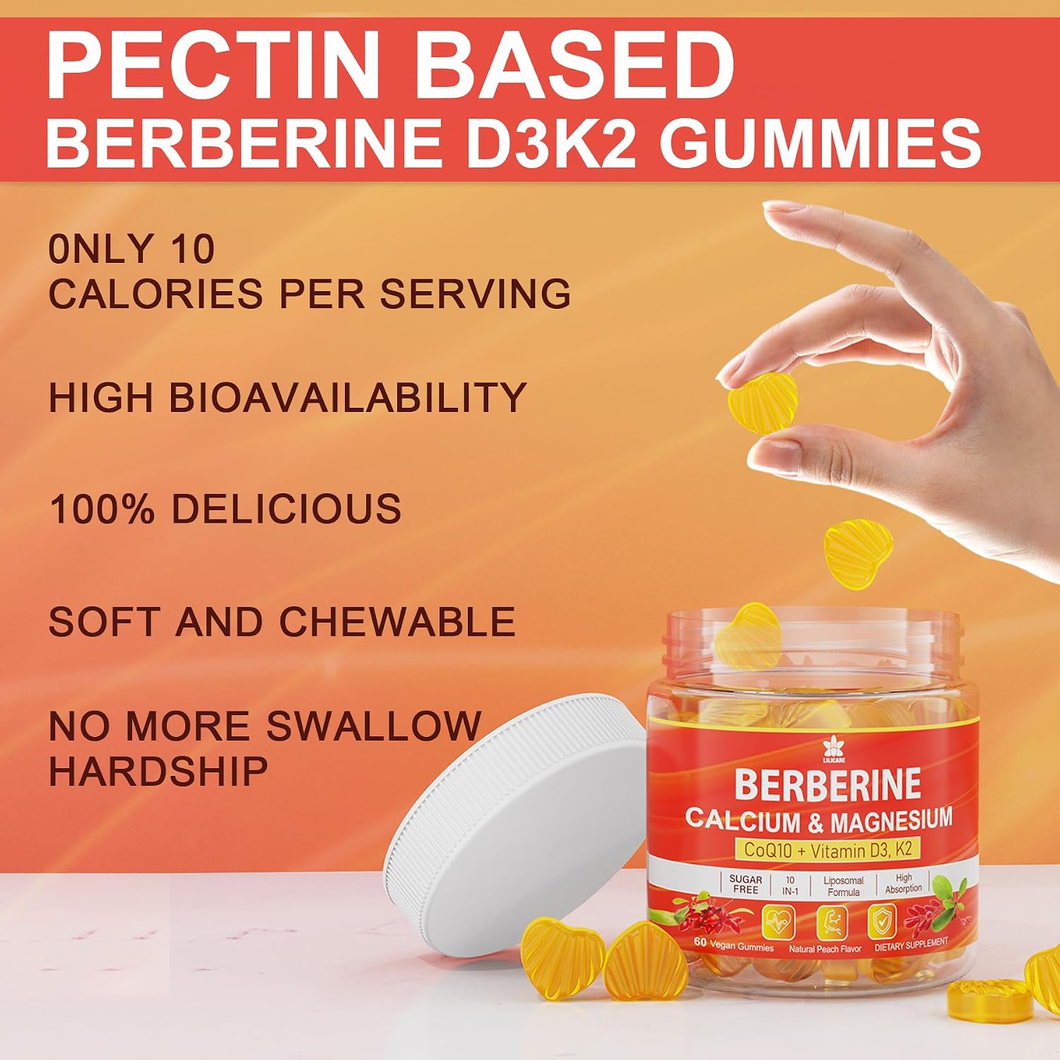 LILICARE Berberine Gummies Sugar Free, Extra Absorption with Liposomal Berberine & Berberine HCI, Calcium, Magnesium, AMPK Activator, Vegan, Pack of 1 - görsel 9