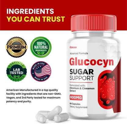 Vitaluxa Glucocyn Support Capsules - Maximum Strength Glycogen Health Formula, 800mg, 60 Capsules