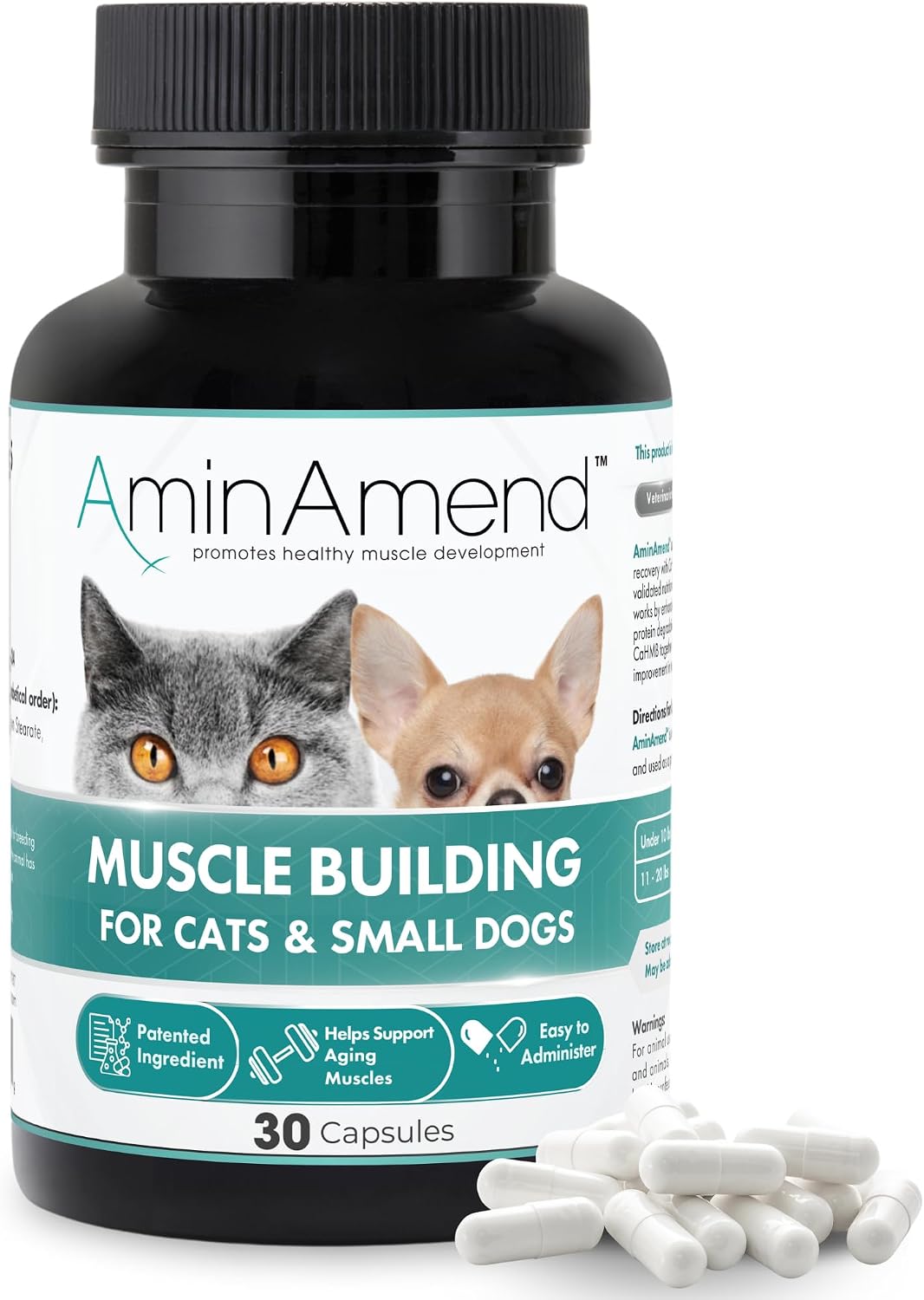 AminAmend Muscle Support for Small Dogs and Cats with CaHMB and Vitamin D3 – 30 Capsules - görsel 1