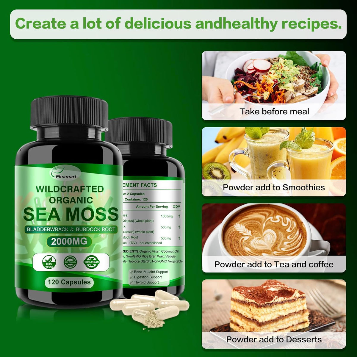Irish Sea Moss Capsules 120ct - Raw Wildcrafted Sea Moss with Bladderwrack and Burdock Root - görsel 5