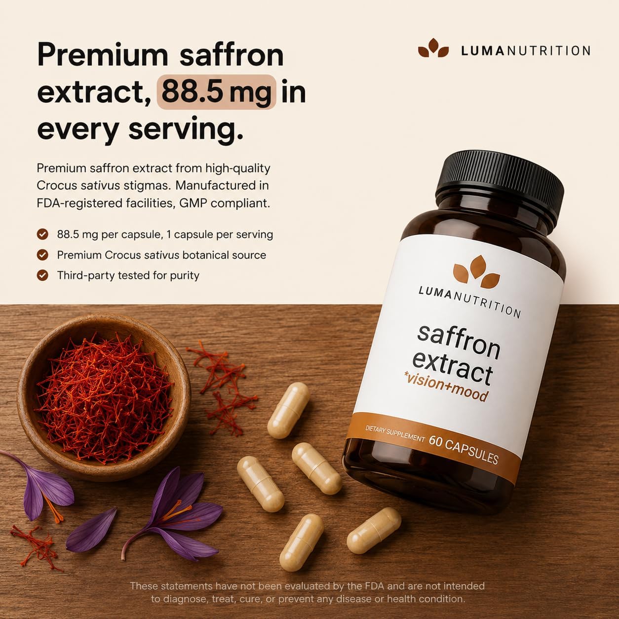 Luma Nutrition Saffron Extract Capsules – 88.5 mg Pure Saffron Pills for Mood & Eye Support (60 Capsules) - görsel 4