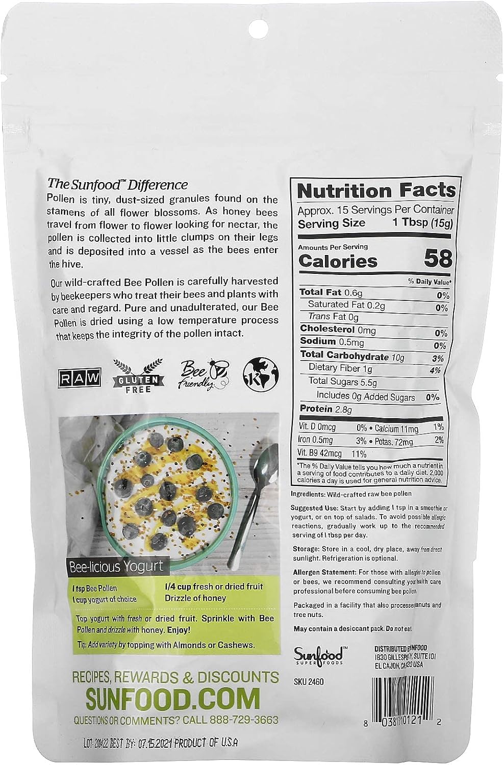 Sunfood Superfoods Raw Wild-Crafted Bee Pollen - 227g - görsel 2