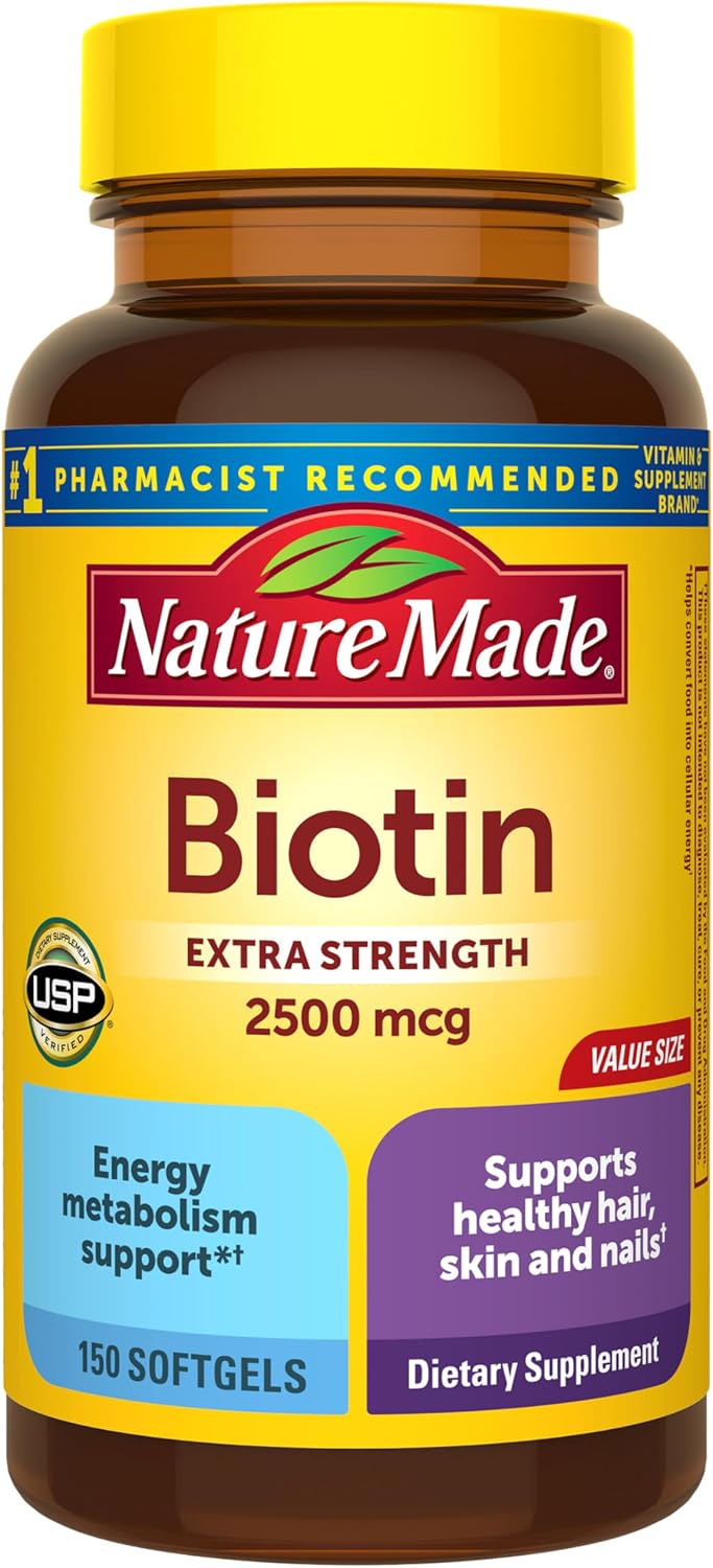 Nature Made Biotin 2500 mcg Extra Strength – Biotin Supplements for Healthy Hair, Skin and Nails (150 Softgels) - görsel 1