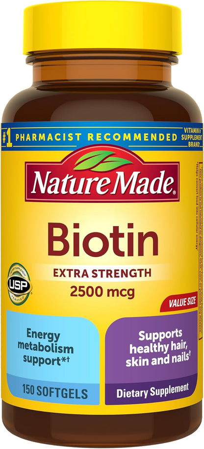 Nature Made Biotin 2500 mcg Extra Strength – Biotin Supplements for Healthy Hair, Skin and Nails (150 Softgels)
