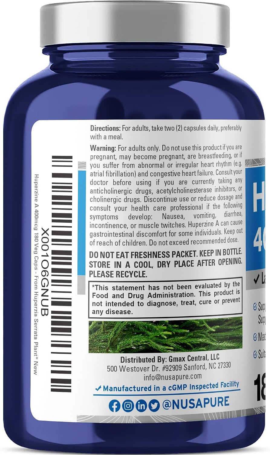 NusaPure Huperzine A 400mcg - 180 Veggie Capsules (Vegetarian, Non-GMO, Vegan) - görsel 3