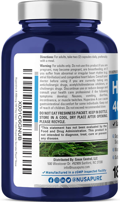 NusaPure Huperzine A 400mcg - 180 Veggie Capsules (Vegetarian, Non-GMO, Vegan)