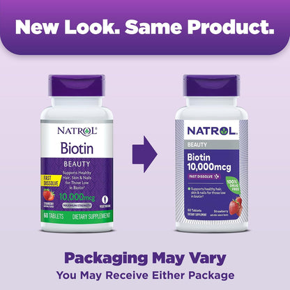 Natrol Biotin 10000mcg, Fast-Dissolve Tablets for Hair, Skin and Nails, 60 Tablets