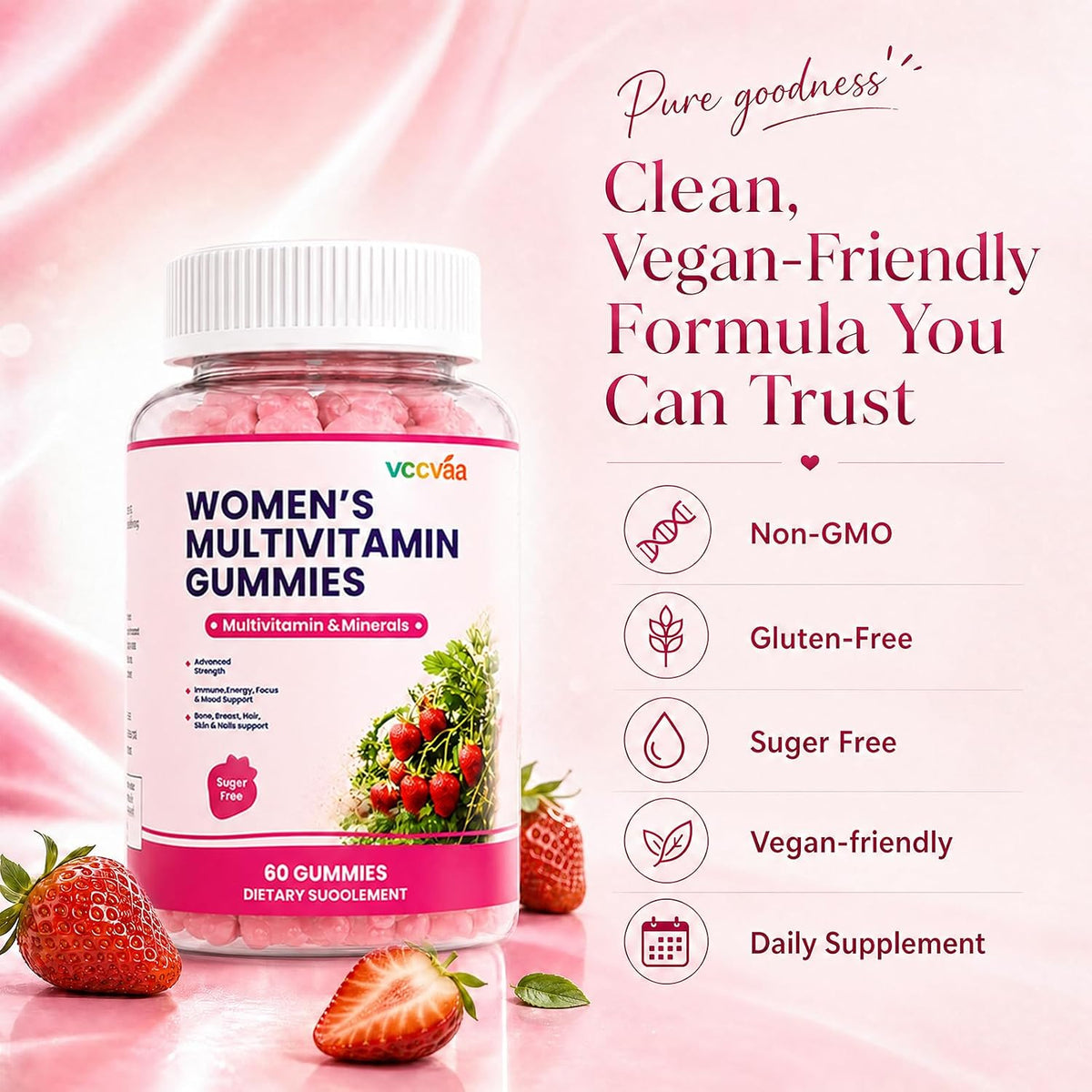 Vccvaa Sugar Free Multivitamin Gummies for Women 14+ with Iron, Inositol & Folate – 60 Count - görsel 8