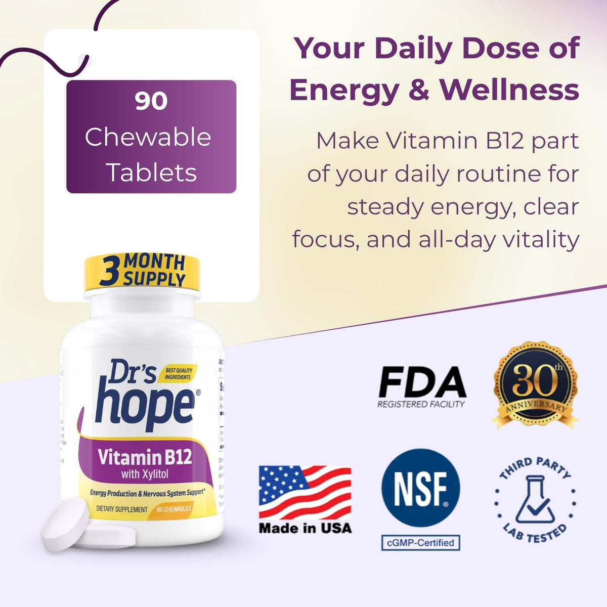 Vitamin B12 1000 mcg Chewable Tablets – Energy Production & Nervous System Support, 90 Count - görsel 4