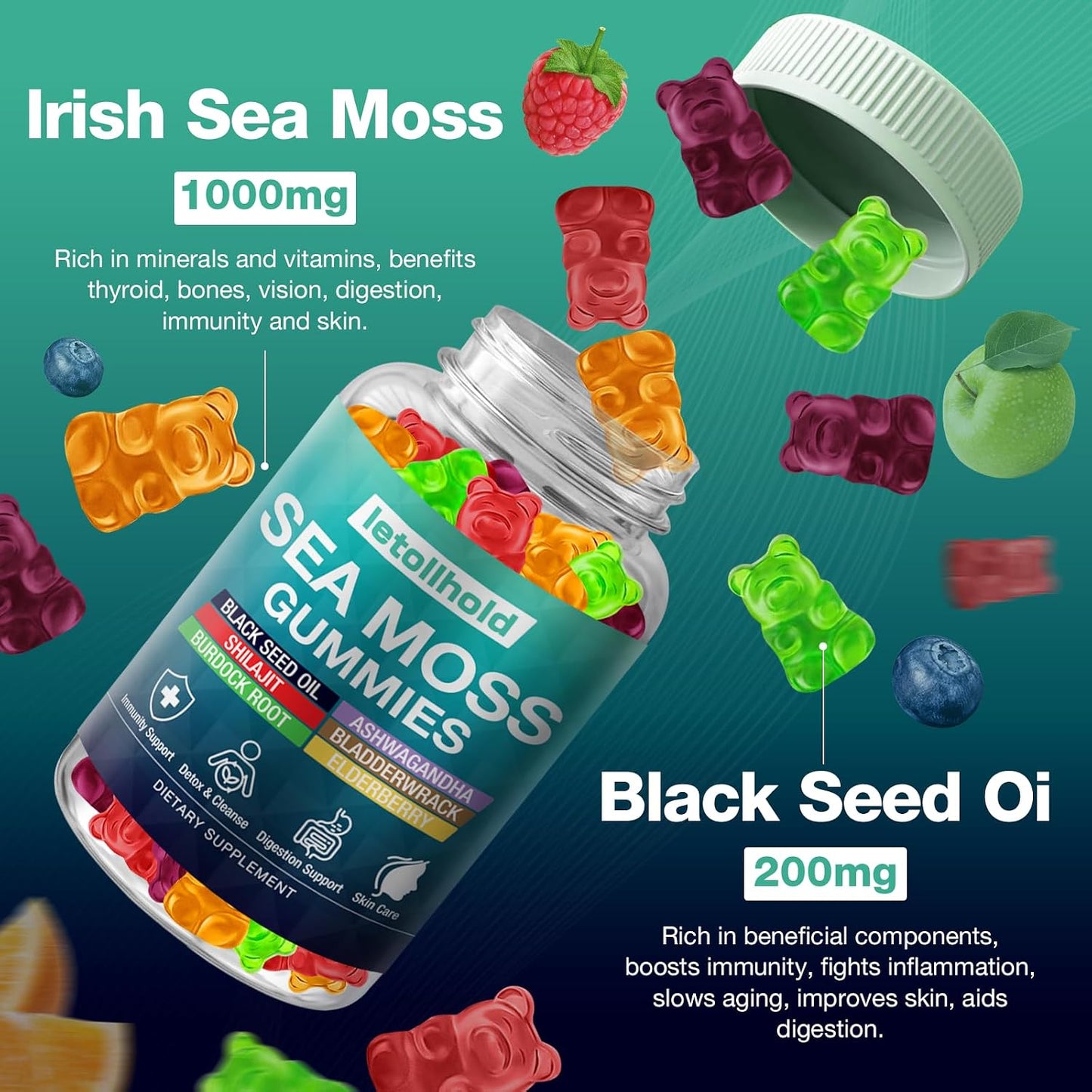 Sea Moss Gummies - Irish Sea Moss Gummies Advanced for Adults with Ashwagandha, Bladderwrack & Burdock Root - görsel 2