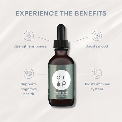 Drop Vitamin D3 + K2 Liquid Drops - 1000 IU Vegan D3 from Lichen, 45 mcg K2 (MK-4 & MK-7) with Organic MCT Oil, 59 ml