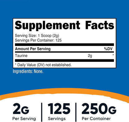 Nutricost Taurine Powder 250 Grams - 125 Servings, 2000mg Per Serving