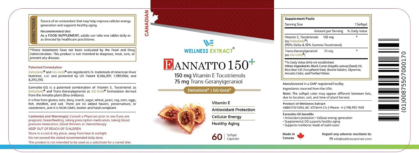 WELLNESS EXTRACT Annatto Tocotrienols 150mg with Geranylgeraniol (GG Gold) – Tocopherol-Free Vitamin E, 60 Softgels - görsel 2