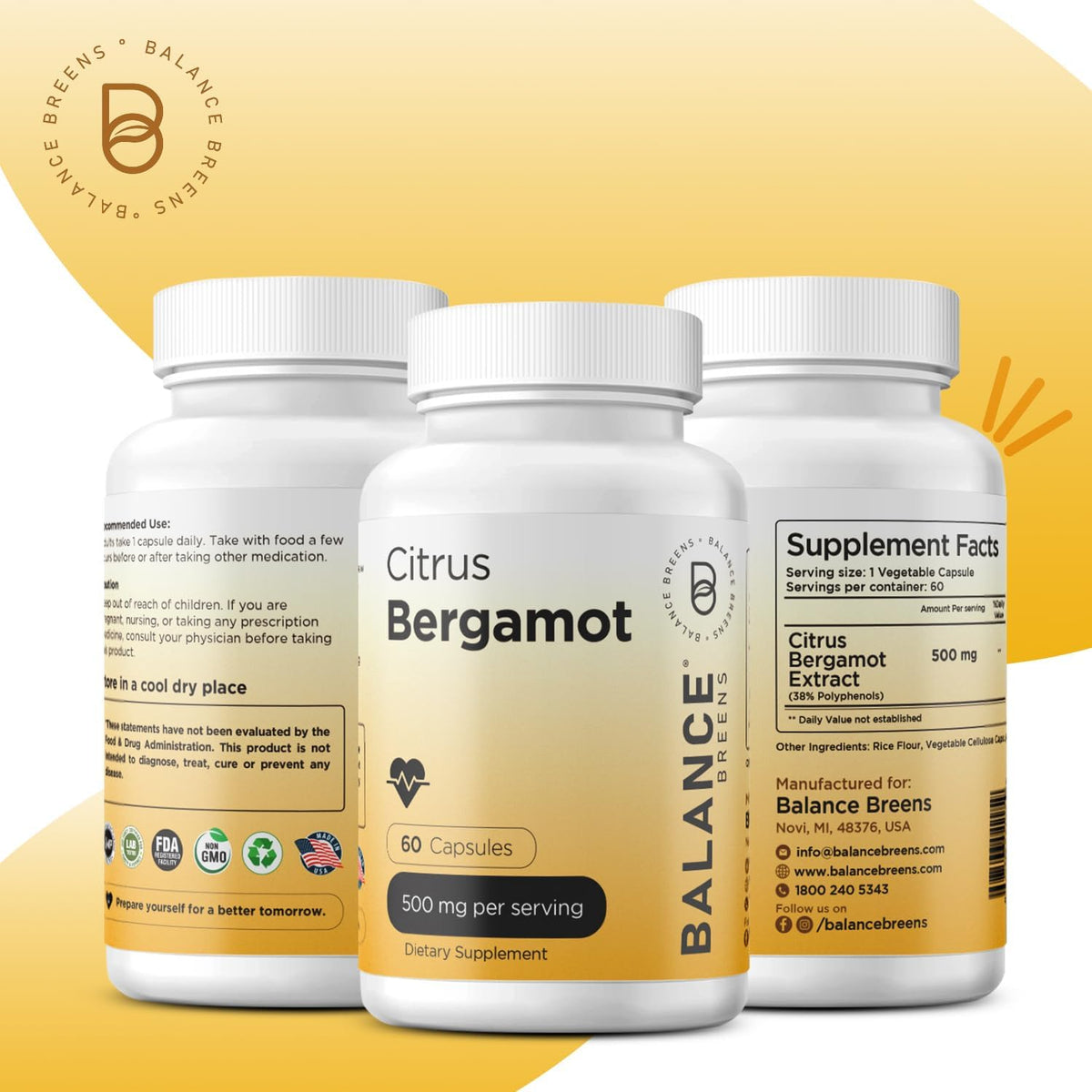 Citrus Bergamot 500mg, 60 Vegan Capsules - – Made in the USA: Manufactured in a GMP-compliant facility with – Image 4