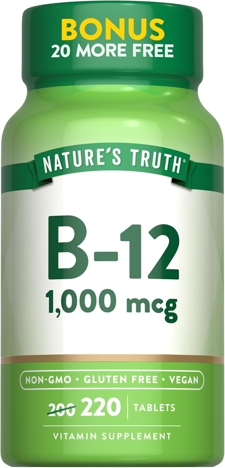 Nature's Truth Vitamin B12 Tablets, 1000 mcg, 220 Count - Vegan, Non-GMO & Gluten-free - görsel 1