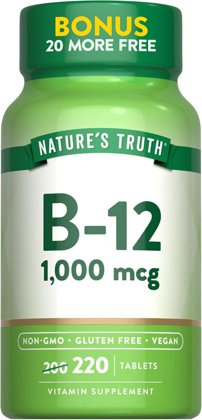 Nature's Truth Vitamin B12 Tablets, 1000 mcg, 220 Count - Vegan, Non-GMO & Gluten-free