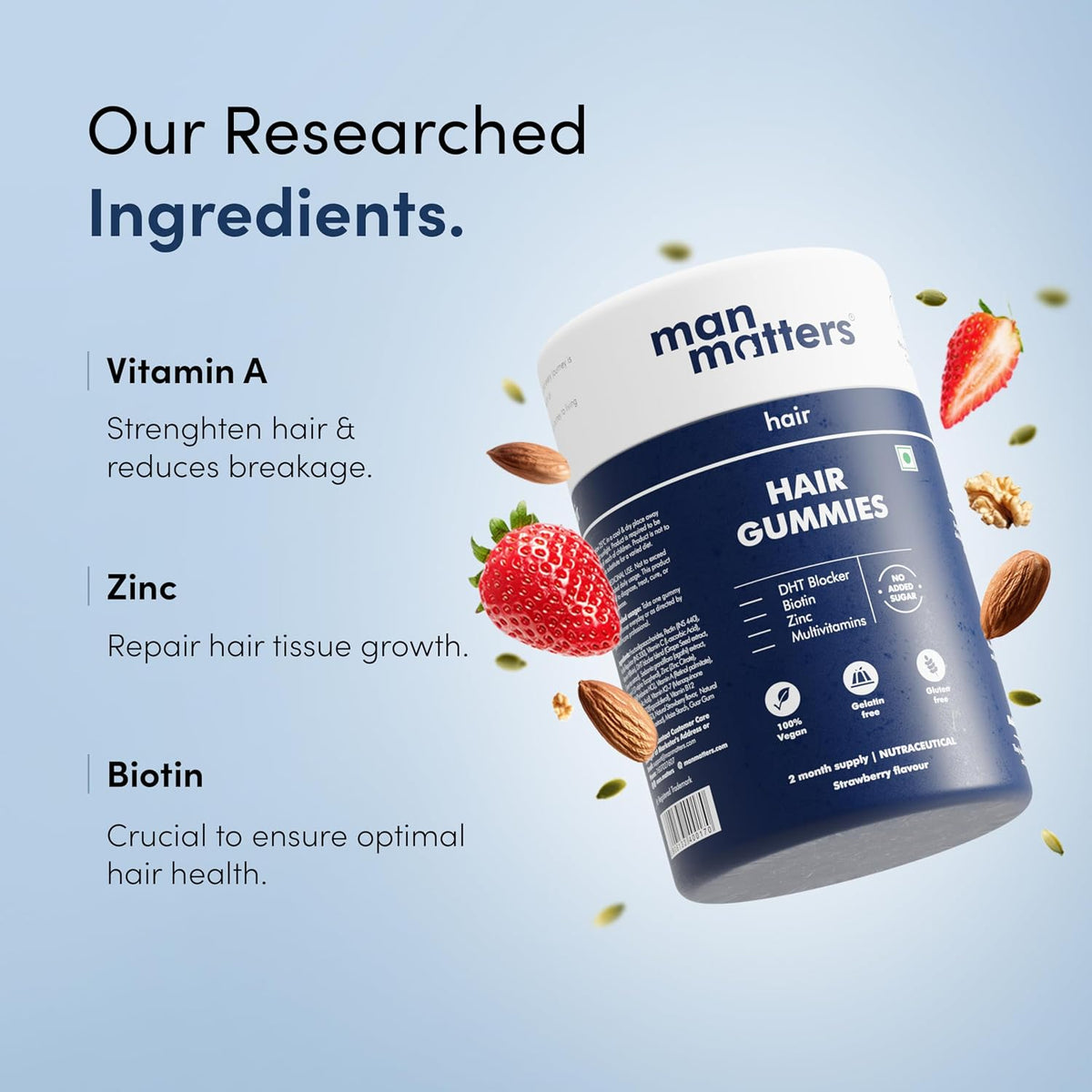 Man Matters Biotin Hair Gummies - Strawberry Flavoured, No Added Sugar, 120 Gummies - görsel 3