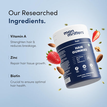 Man Matters Biotin Hair Gummies - Strawberry Flavoured, No Added Sugar, 120 Gummies